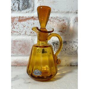 VTG Handblown Art Glass Cruet w/ Stopper Amber Original Rainbow Sticker USA